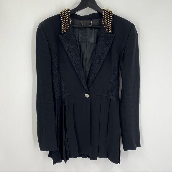 Philipp Plein Jackets & Blazers - Philipp Plein Women’s Pleated Hemline Black Lace Detail 1 Button Blazer Jacket M